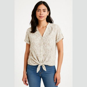 Express Cream White Floral Lace Button Down Short Sleeve Blouse